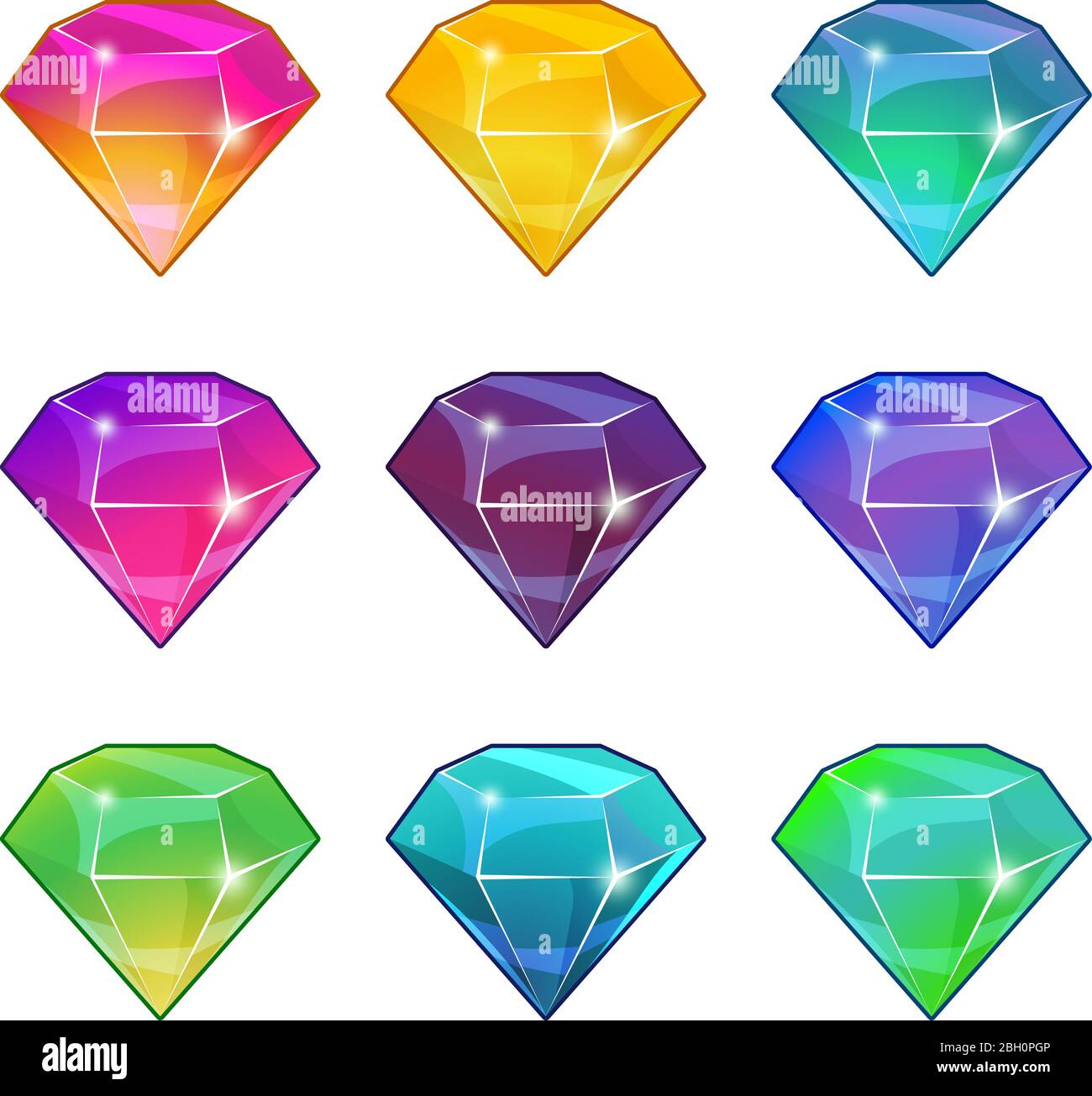 Brillanti diamanti in diversi colori. Set di cartoni animati vettoriali per la progettazione di giochi. Set di illustrazione del progetto gemstone Illustrazione Vettoriale