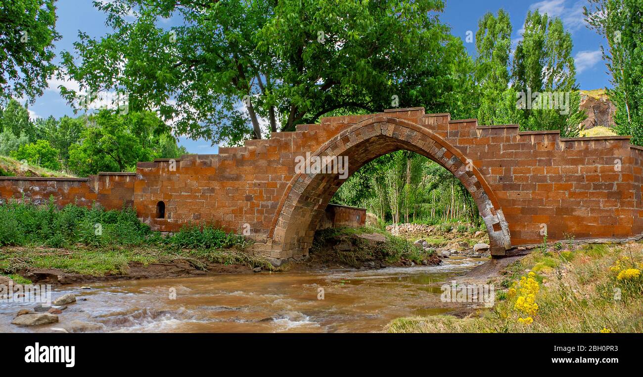 Ponte storico costruito dai Turchi Selcuk, conosciuto anche come Ponte Bayindir ad Ahlat, la provincia di Bitlis, Turchia Foto Stock