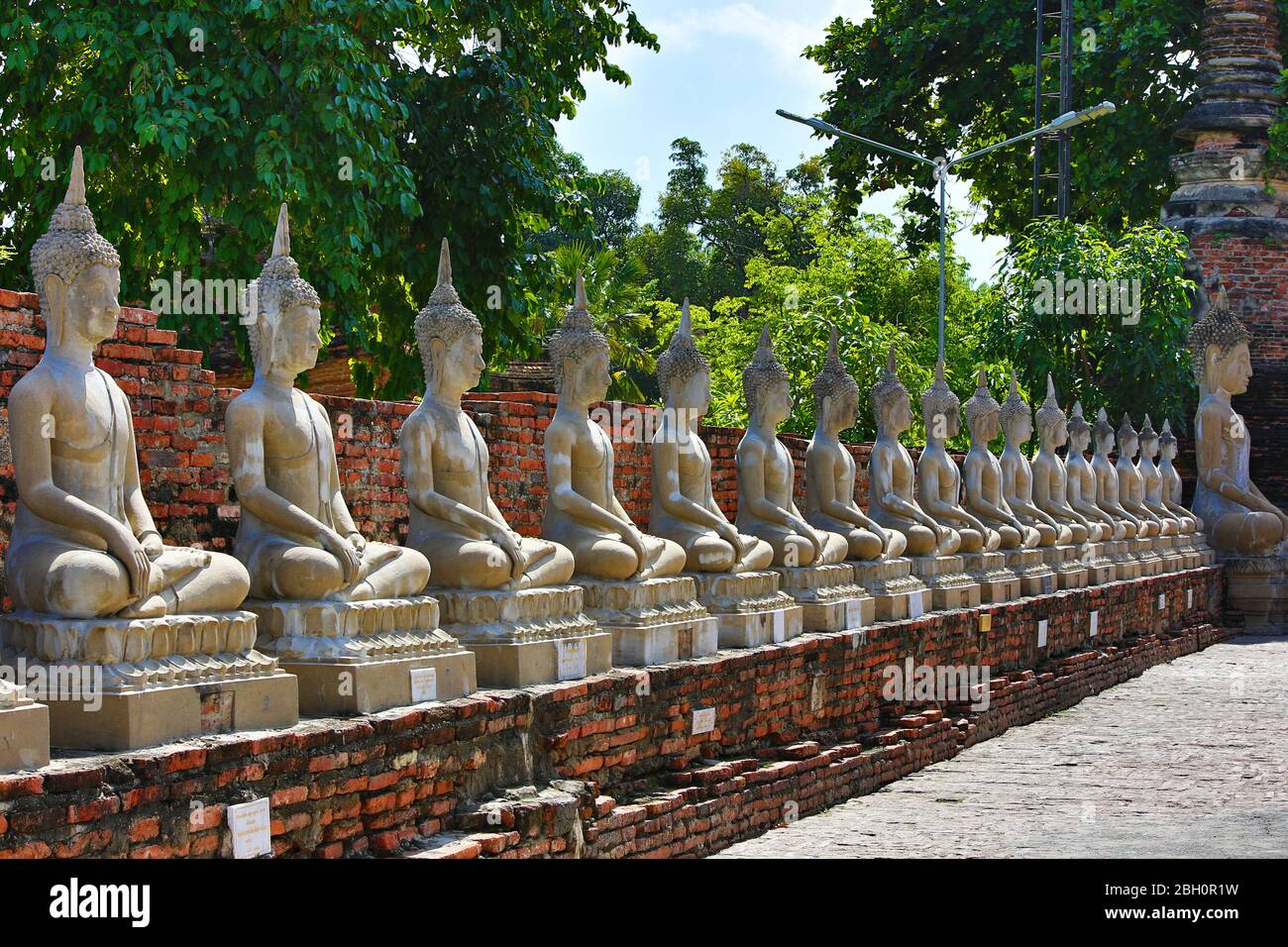Statue di Buddha nel tempio antico conosciuto come Wat Yai Chai Mongkhon, in Ayutthaya, Thailandia. Foto Stock