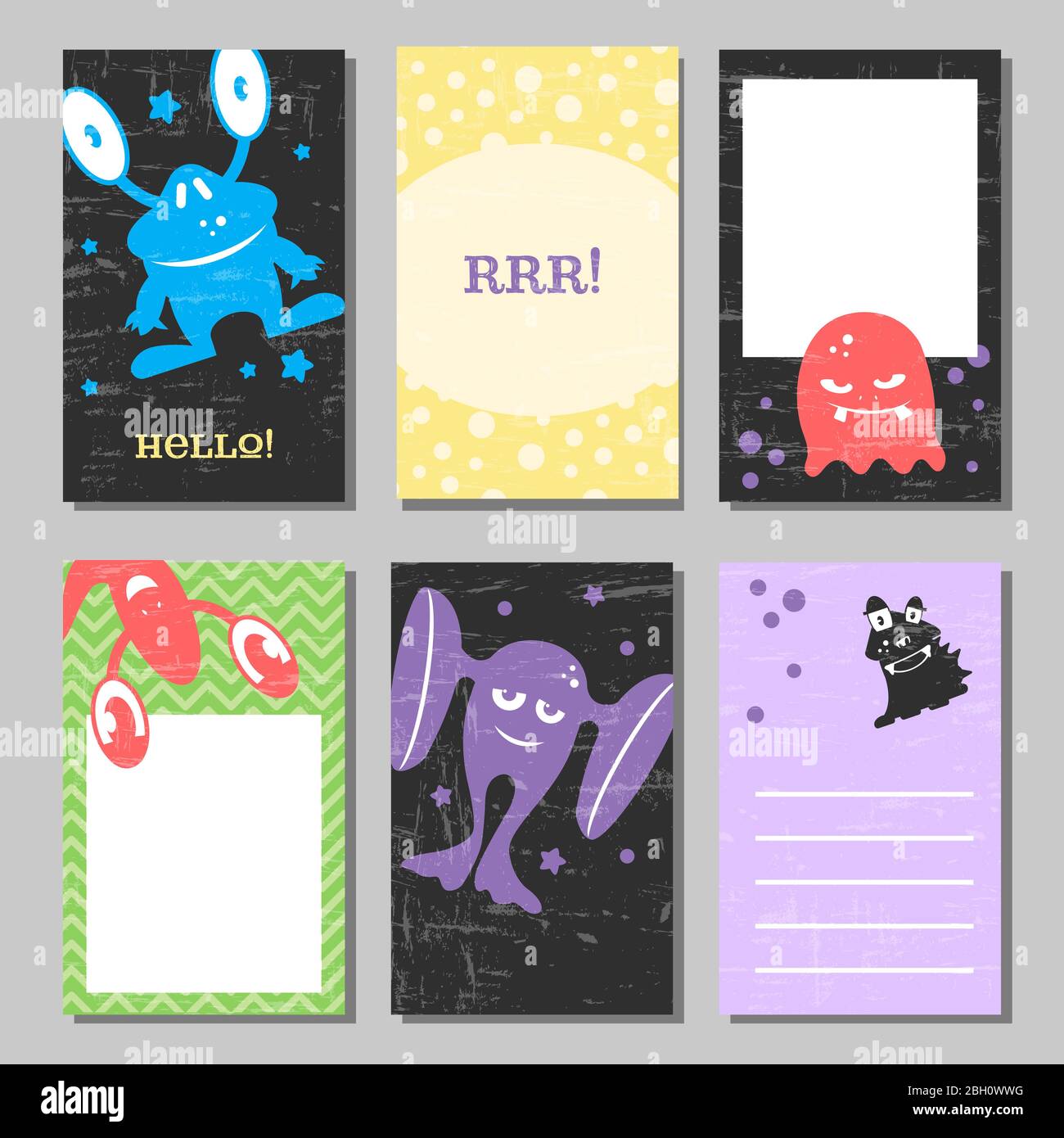 Colorful retrò divertente carte con simpatici mostri. Modelli per compleanno, anniversario, inviti a feste, scrapbooking. Collectio illustrazione vettore Illustrazione Vettoriale