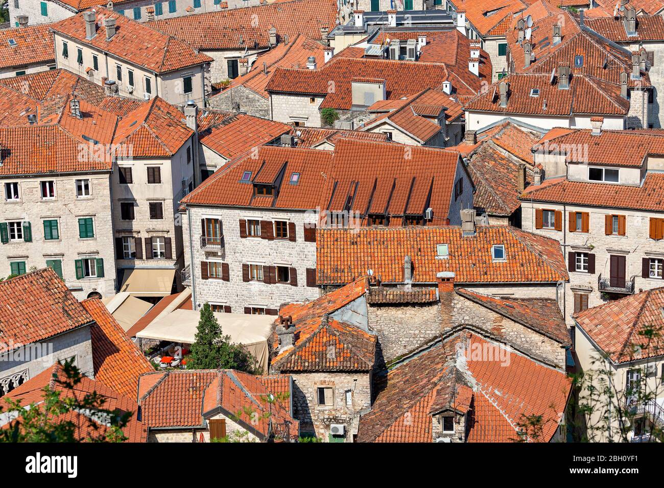 Tetti rossi delle case medievali nella città vecchia di Cattaro, Montenegro Foto Stock