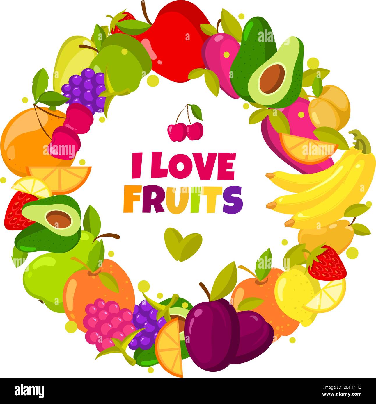 Amo i frutti. Vettore organico frutta cornice isolato. Banner con illustrazione di cibi freschi naturali. Frutti colorati banner Illustrazione Vettoriale