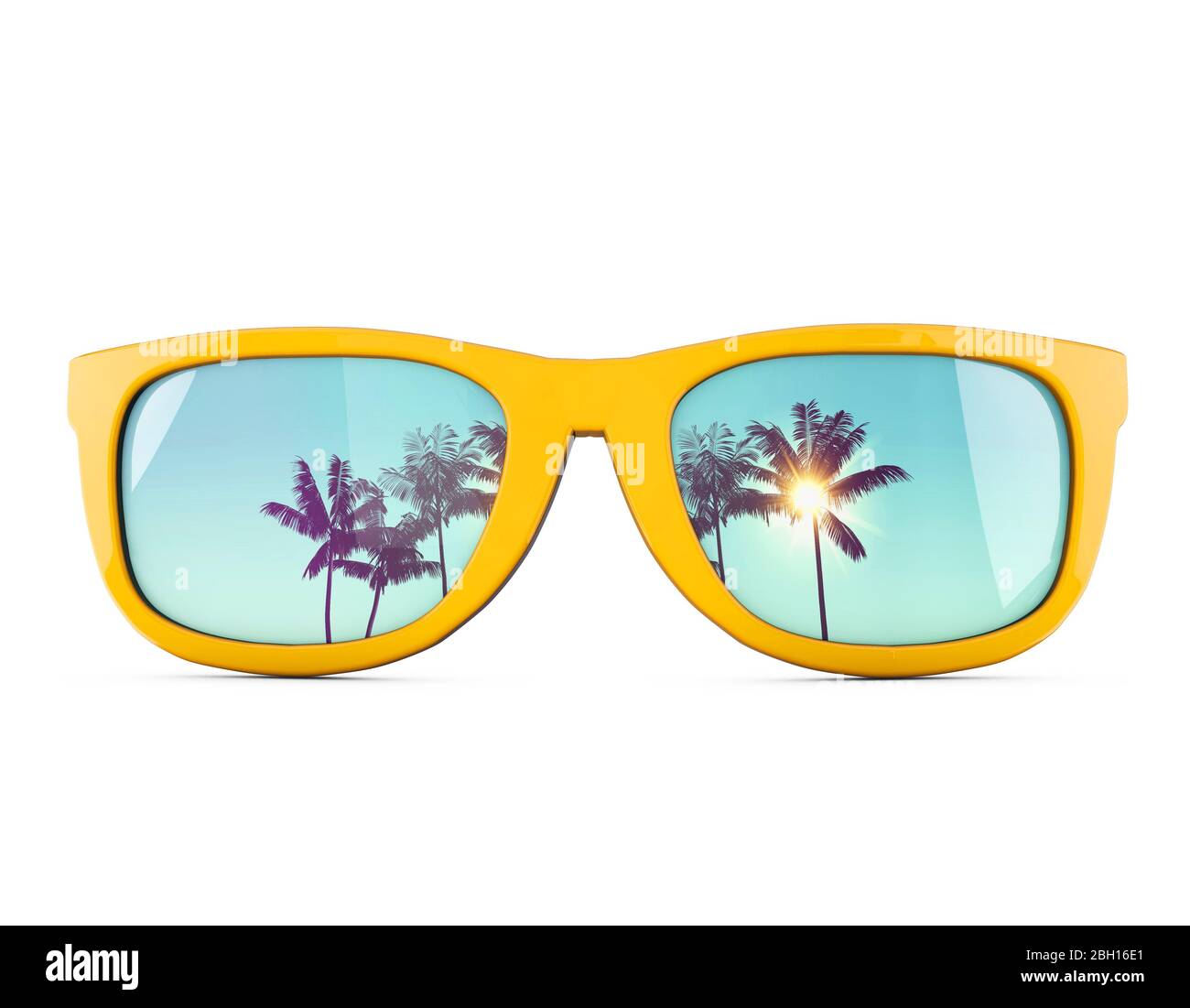 Occhiali da sole estivi con riflessi tropicali di palme. Foto Stock