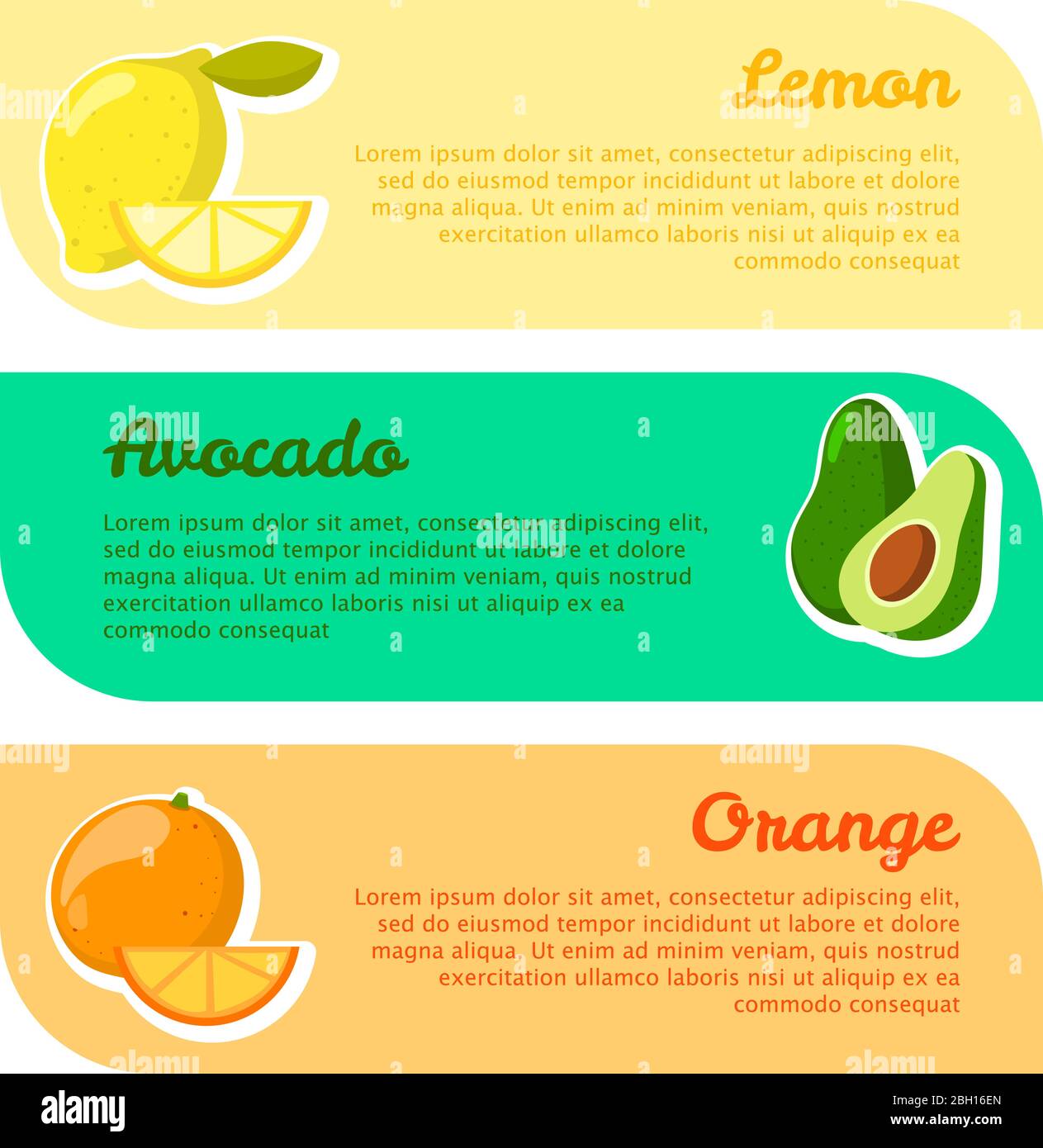 Carte con spazio per il tuo testo. Frutti benefici. Limone, avocado e arancia. Illustrazione vettoriale del set di banner del modello Illustrazione Vettoriale