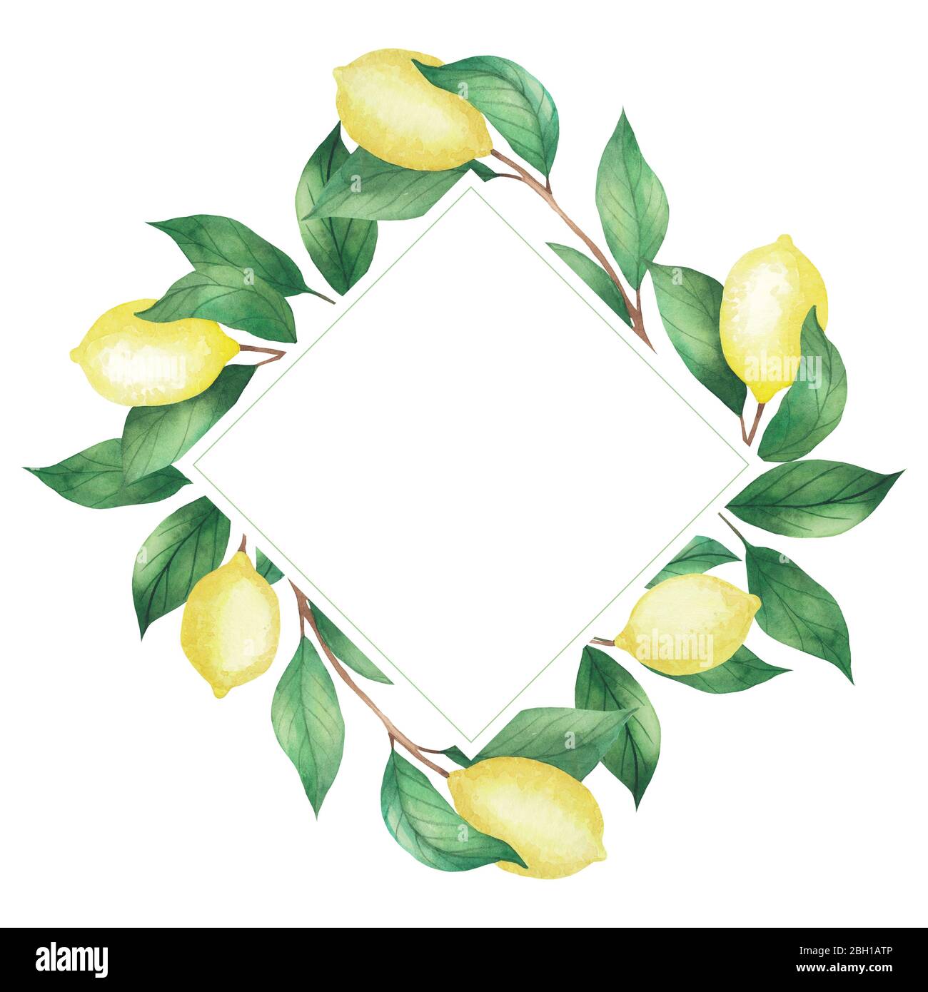 Cornice acquerello invito di limoni e rami verdi, foglie. Telaio Rhombus isolato su sfondo bianco Foto Stock