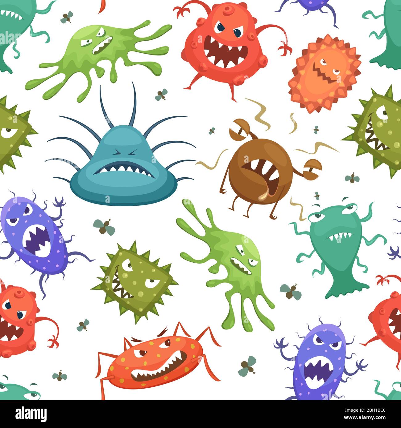 Pericoloso. Streptococcus lactobacillus staphylococcus e altri microbi in stile cartoon. Microbo del pattern senza giunture vettoriale e illust del batterio virale Illustrazione Vettoriale