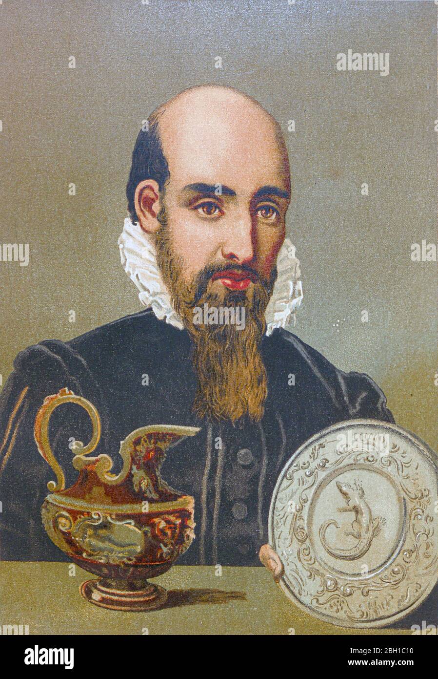 Bernard Palissy (c.. 1510 – c.. 1589) fu un vasaio, ingegnere idraulico e artigiano francese Huguenot, Palissy è noto per i suoi contributi alle scienze naturali ed è famoso per la scoperta dei principi di geologia, idrologia e formazione fossile. Come protestante, Palissy fu imprigionato per la sua fede durante le tumultuose guerre francesi di religione e condannato a morte. Morì di cattivo trattamento nella Bastiglia nel 1589. Dal libro la ciencia y sus hombres : vidas de los sabios ilustres desde la antigüedad hasta el siglo XIX T. 2 [Scienza e suoi uomini: La vita dei saggi illustri da a Foto Stock