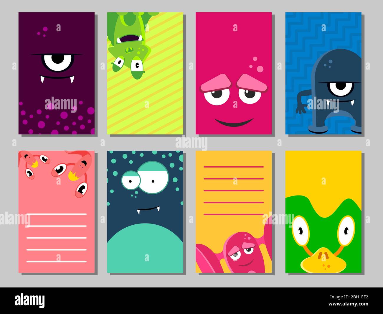 Colorful divertente carte set con simpatici mostri. Modelli per compleanno, anniversario, inviti a feste, scrapbooking. Illustrazione vettoriale Illustrazione Vettoriale