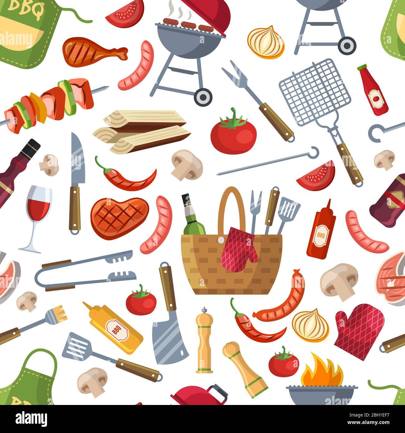 Ripetizione senza giunture. Diversi cibi per barbecue party. Sfondo del barbecue vettoriale, disegno del barbecue festa Illustrazione Vettoriale