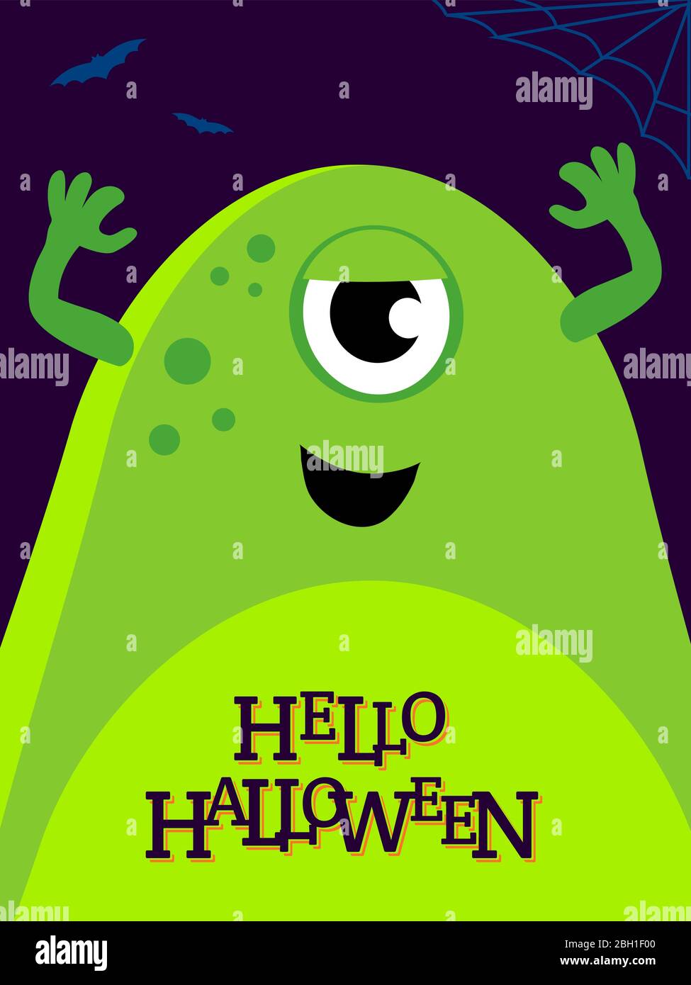 Illustrazione di helloween vettoriale con un mostro verde divertente. Simpatico alieno sul banner Illustrazione Vettoriale