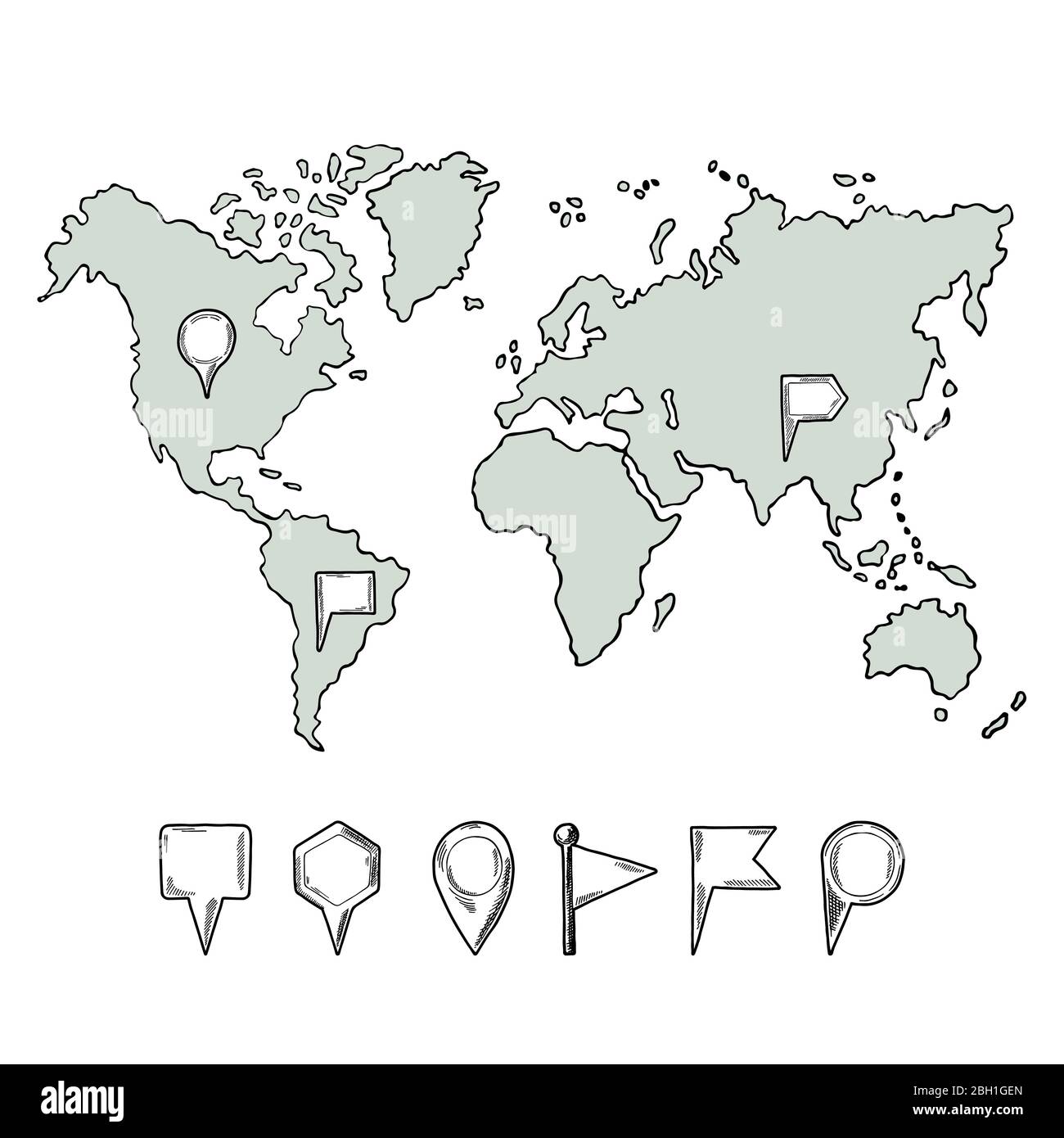 Dodle illustrazioni della mappa del mondo con pin disegnati a mano. Le immagini vettoriali si isolano. Mappa del mondo disegnata a mano e raccolta di spille Illustrazione Vettoriale