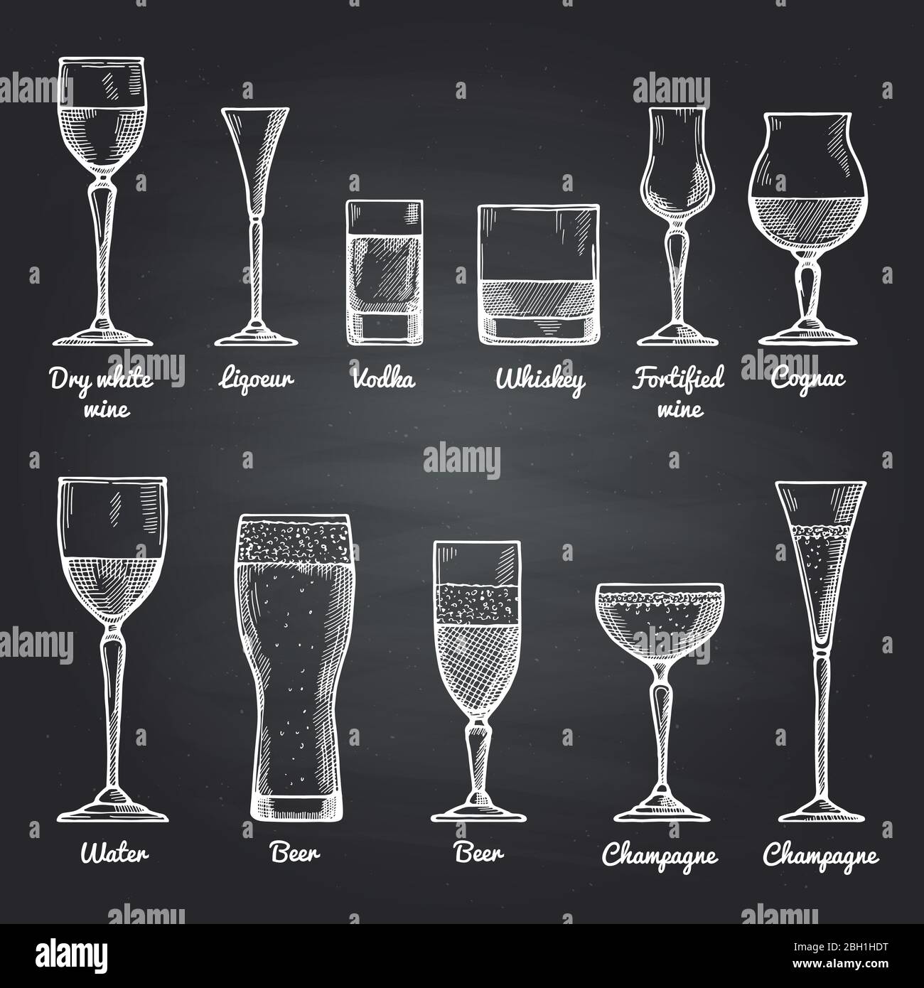 Illustrazioni vettoriali di bicchieri alcolici su lavagna nera. Immagini di disegno vettoriale alcool bevanda schizzo per il menu del bar vino secco e liquore, Illustrazione Vettoriale