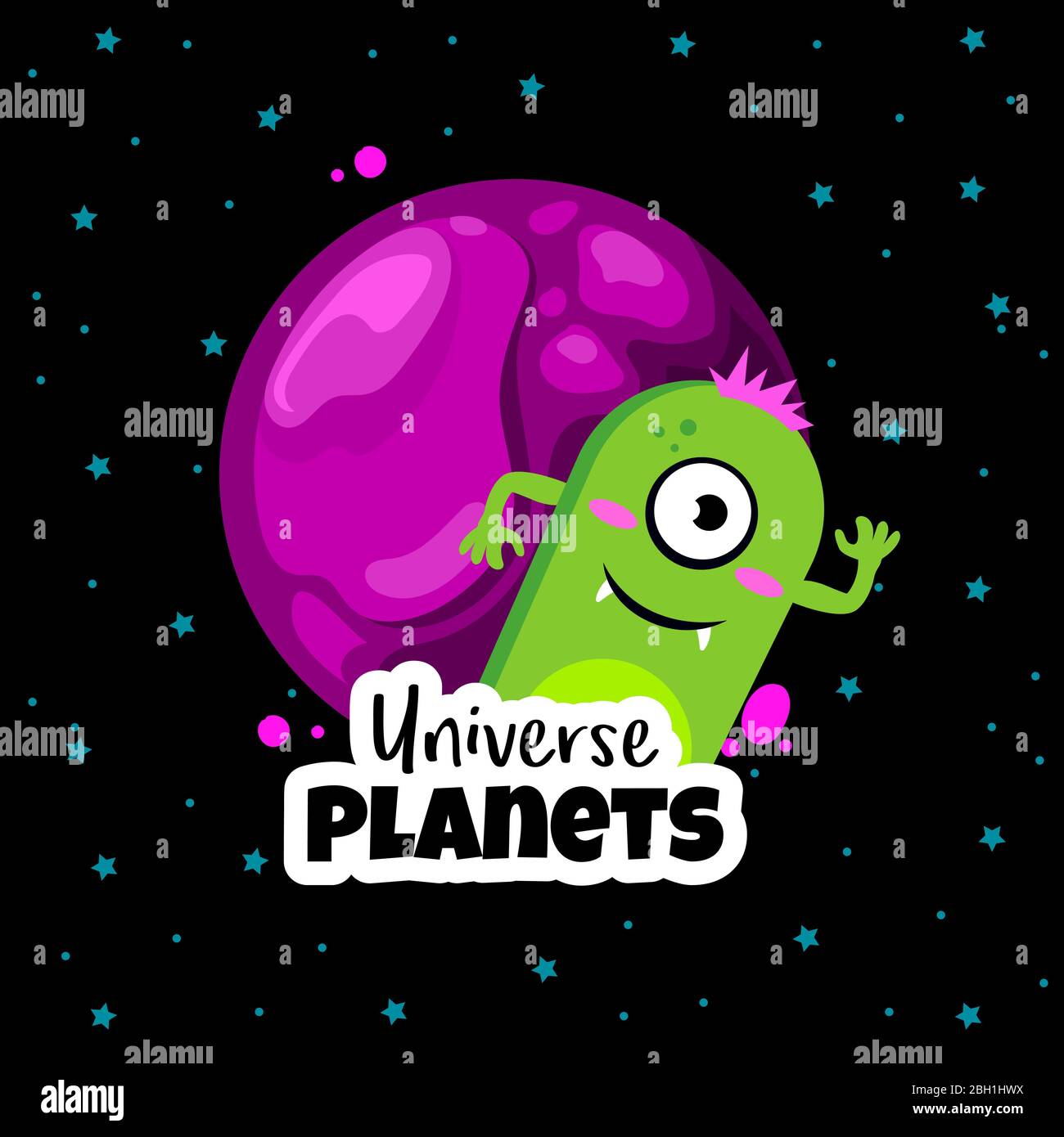 Pianeti dell'universo. Concetto spaziale con cute ufo alieno. Illustrazione vettoriale Illustrazione Vettoriale