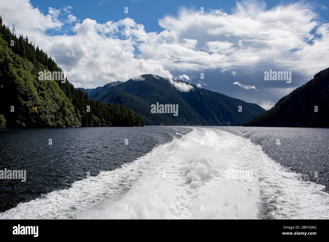 svegliate l'acqua da una barca veloce nello splendido scenario montano dell'Alaska Foto Stock