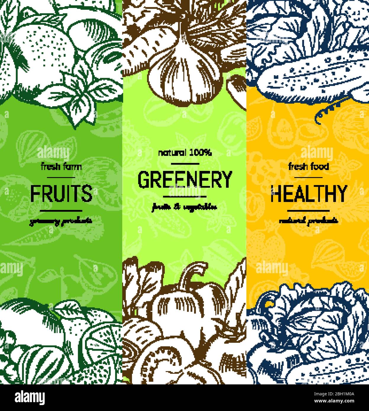 Vector vegan, sano, organico banner set con doodle abbozzato frutta e verdura. Frutta sana e verde illustrazione Illustrazione Vettoriale