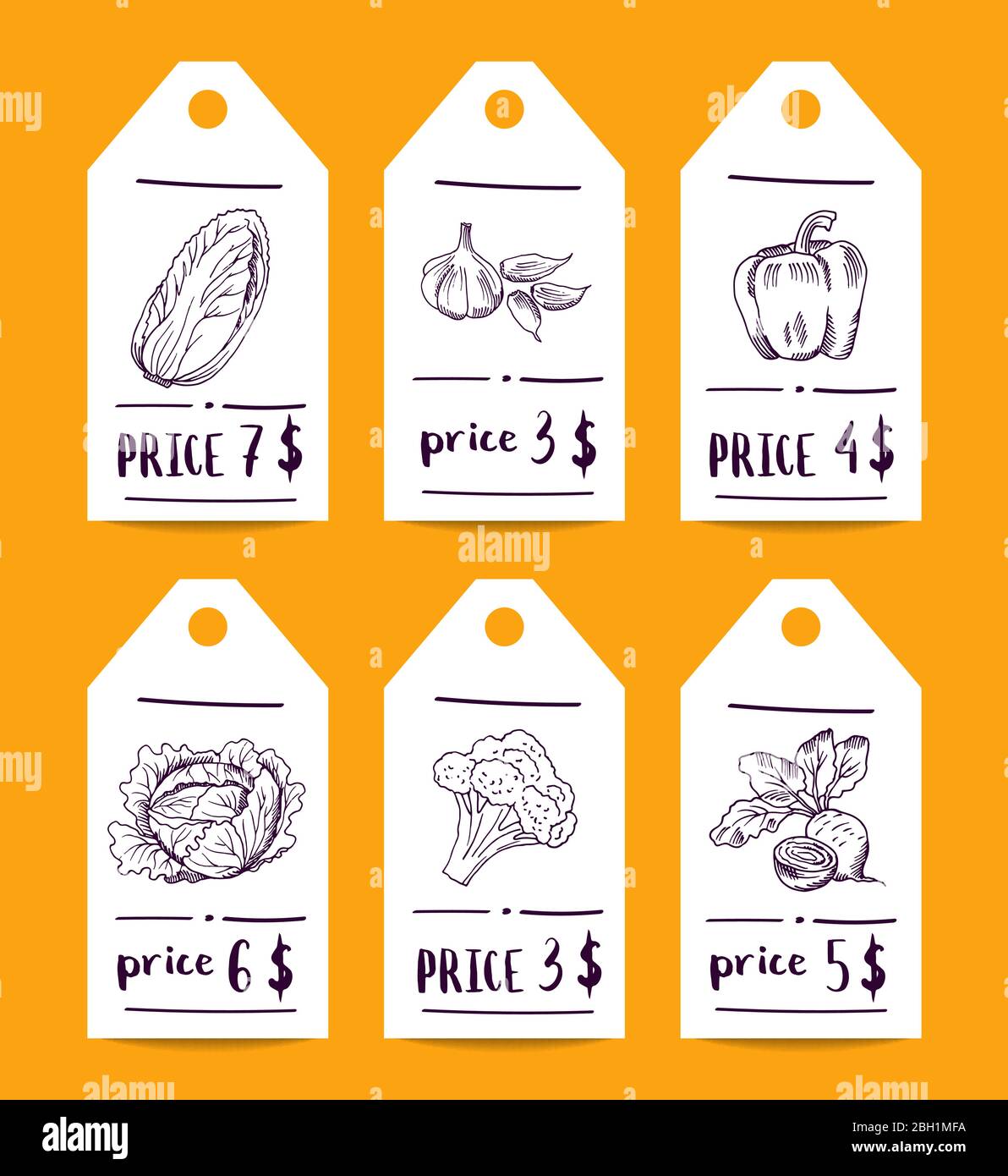 Set di tag vettoriali con frutta e verdura con doodle abbozzate. Illustrazione della raccolta delle etichette dei prezzi Illustrazione Vettoriale