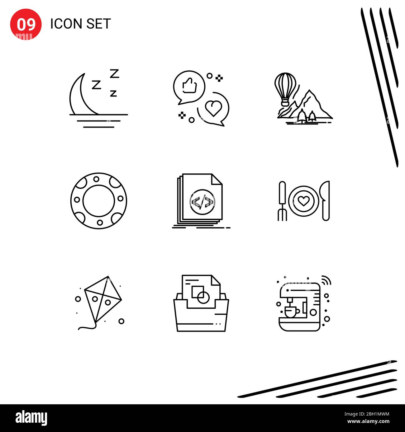 Stock pacchetto icone vettoriali di 9 simboli e insegne per codice, vita, marketing, assicurazioni, campeggio elementi Editable Vector Design Illustrazione Vettoriale