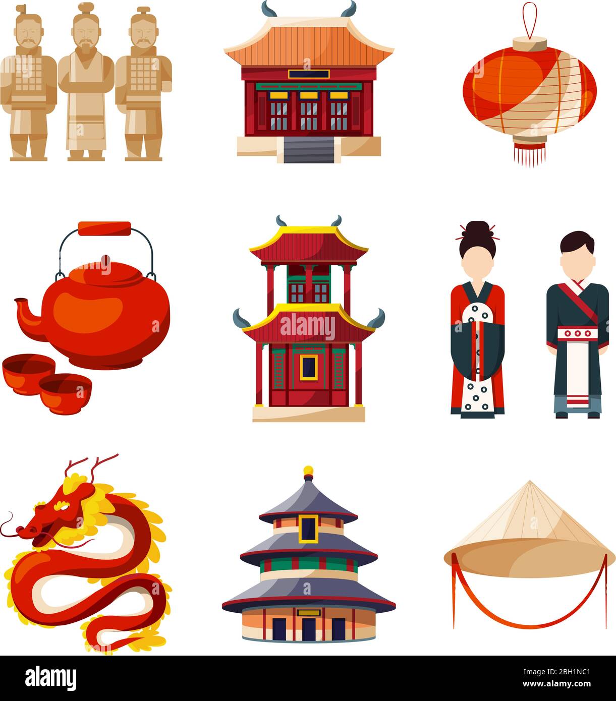 Impostazioni icone cultura. Elementi tradizionali cinesi. Illustrazione vettoriale in stile cartoon. Simbolo della cultura tradizionale cinese Illustrazione Vettoriale