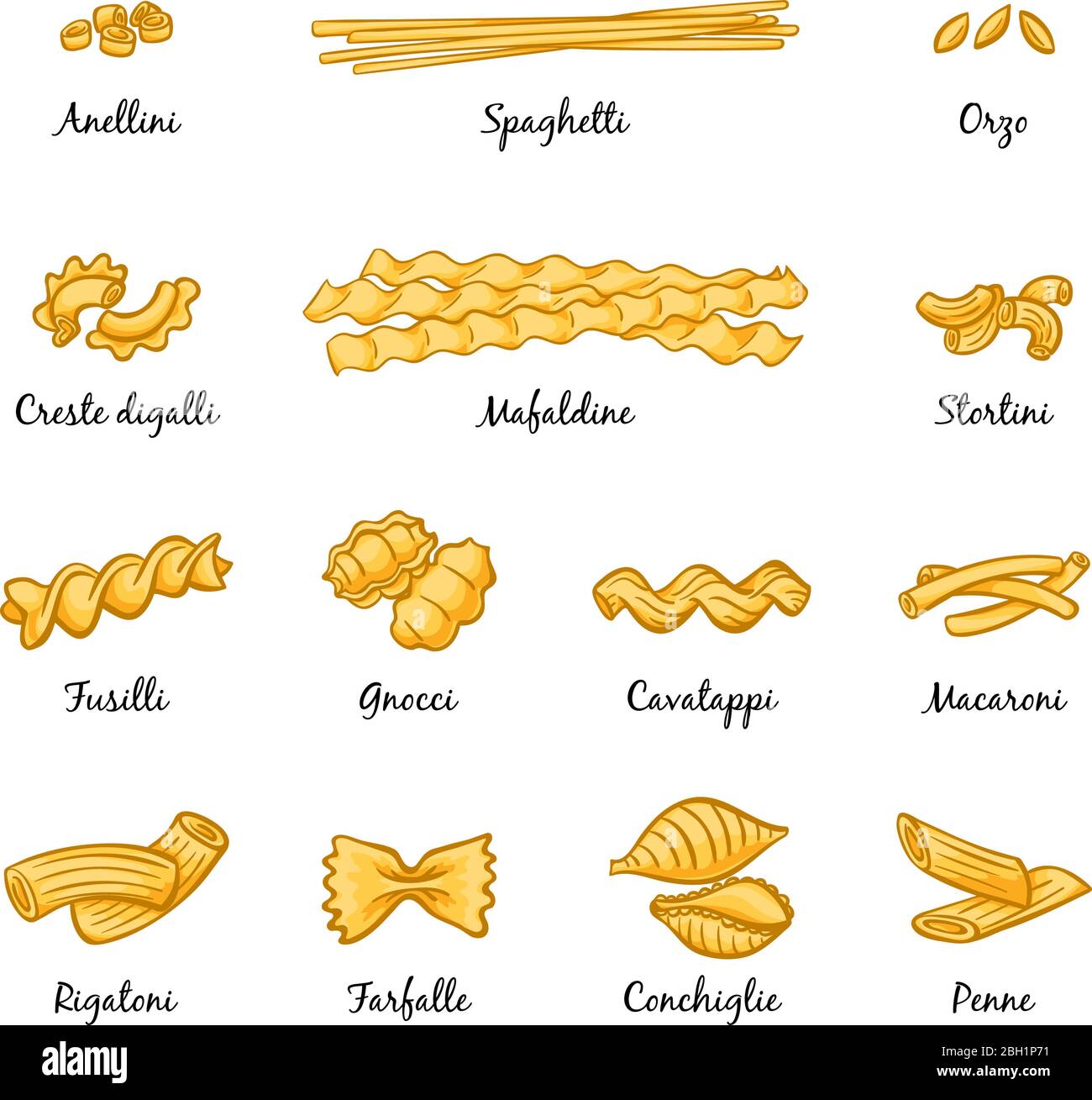 Maccheroni, spaghetti ed altri tipi di pasta italiana. Le immagini vettoriali si isolano sul bianco. Cucina italiana, spaghetti di tipo tradizionale illustrazione Illustrazione Vettoriale