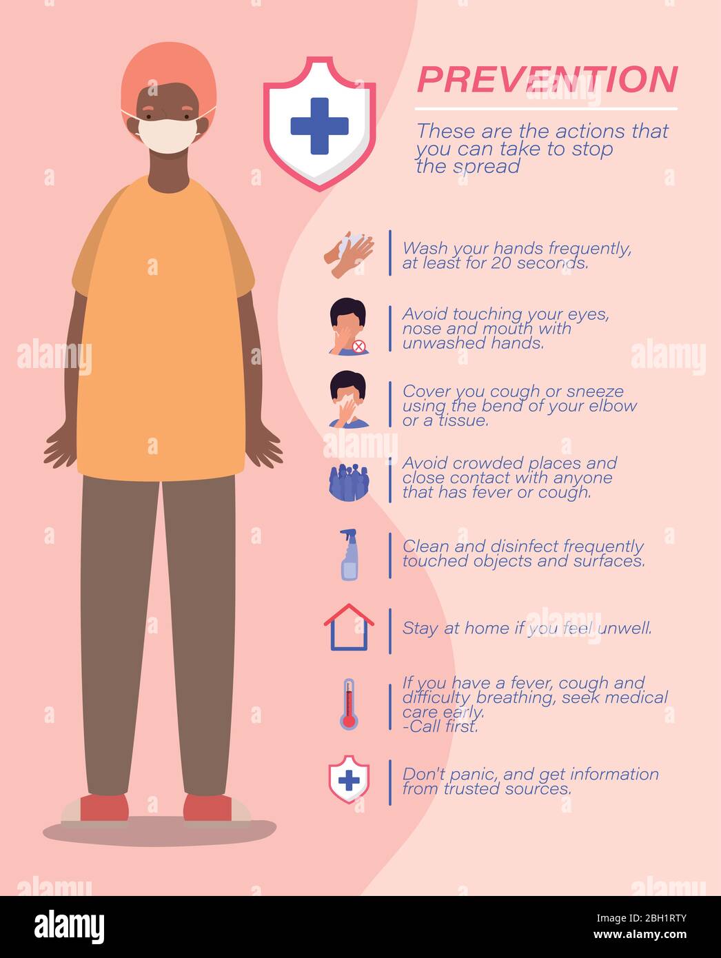 Covid 19 suggerimenti per la prevenzione dei virus e l'avatar dell'uomo con maschera di progettazione vettoriale Illustrazione Vettoriale