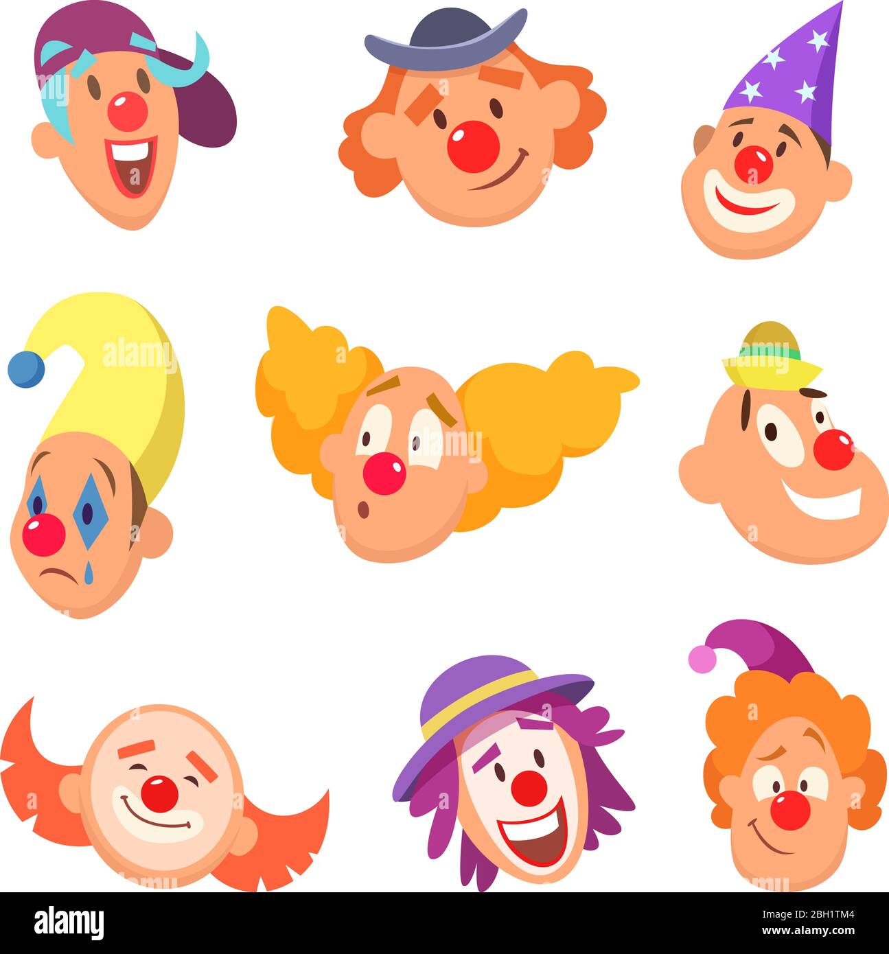 Set di clown divertenti avatar con diverse emozioni. Collezione di caratteri clown face. Illustrazione vettoriale Illustrazione Vettoriale