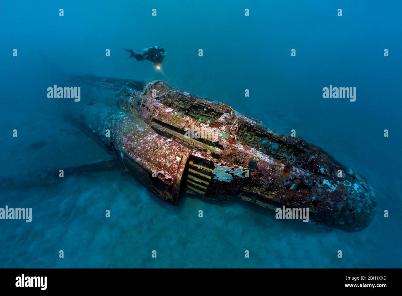Il subacqueo guarda il relitto dell'aeroplano, l'aereo da combattimento, McDonnell Douglas F-4 Phantom II, Oceano Pacifico, Mare della Cina del Sud, Baia di Supic, Luzon, Filippine Foto Stock