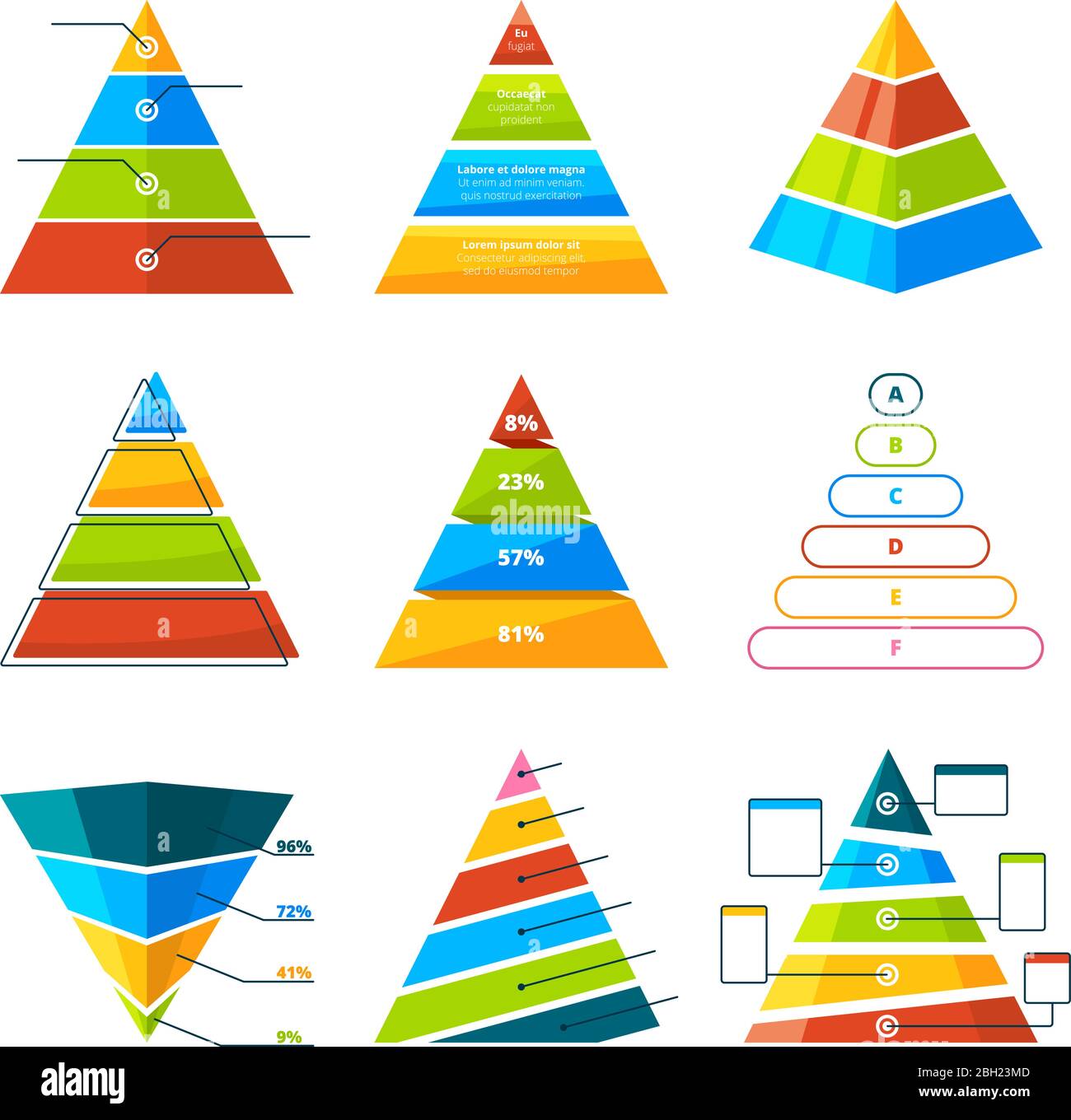 Set di triangoli e piramidi diversi con livelli. Simboli vettoriali per infografica. Raccolta di triangolo di diagramma piramidale, grafico e modello grafico Illustrazione Vettoriale