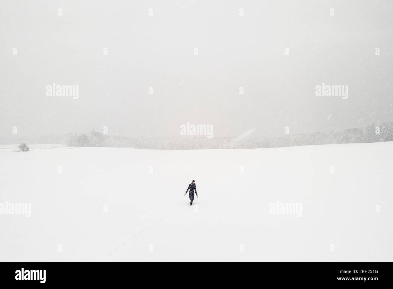 Donna che cammina da sola in un paesaggio innevato Foto Stock