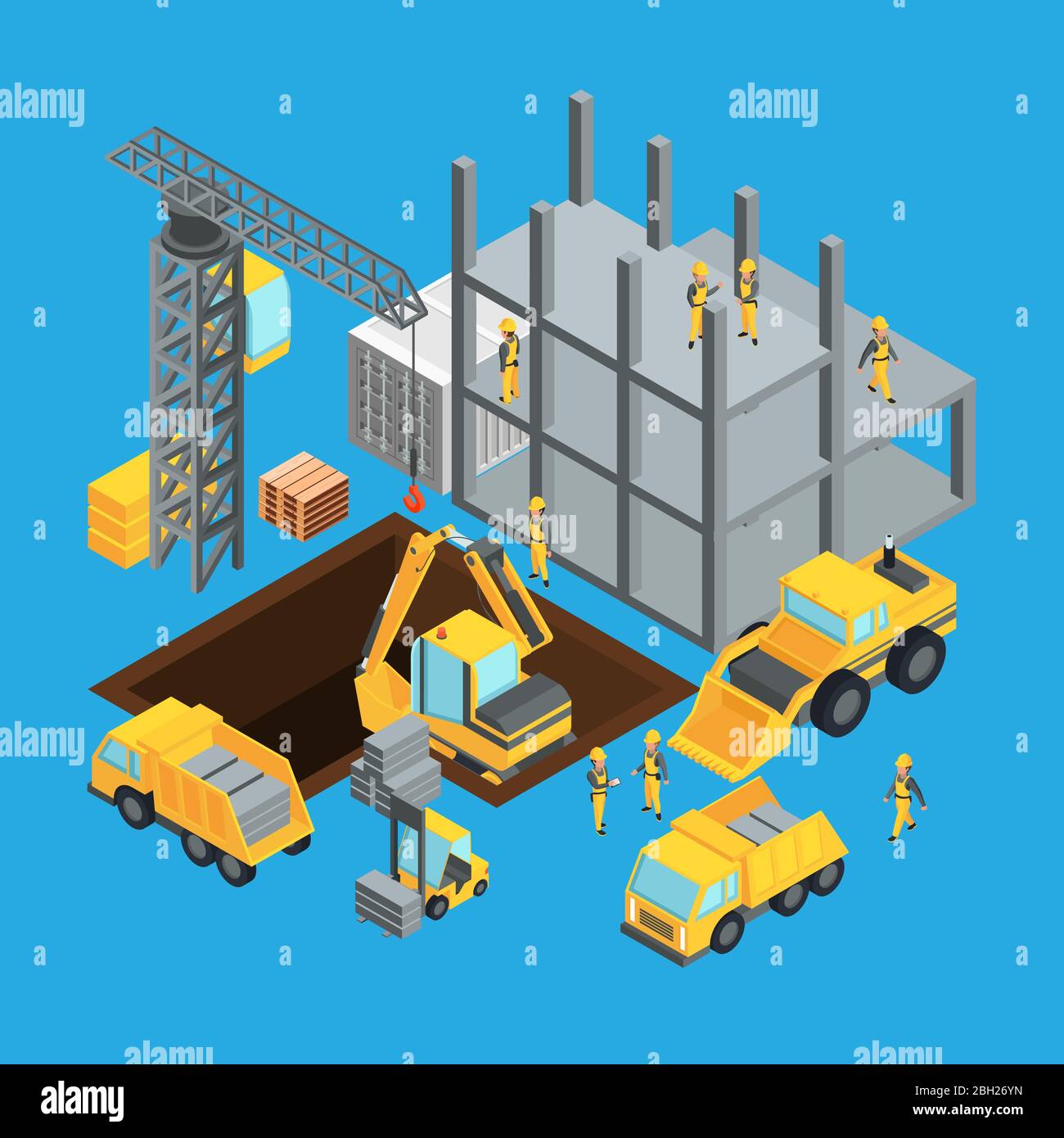 Fase di costruzione. Trasporto isometrico per costrutto. Set di illustrazioni vettoriali. Costruzione di palco con gru Illustrazione Vettoriale