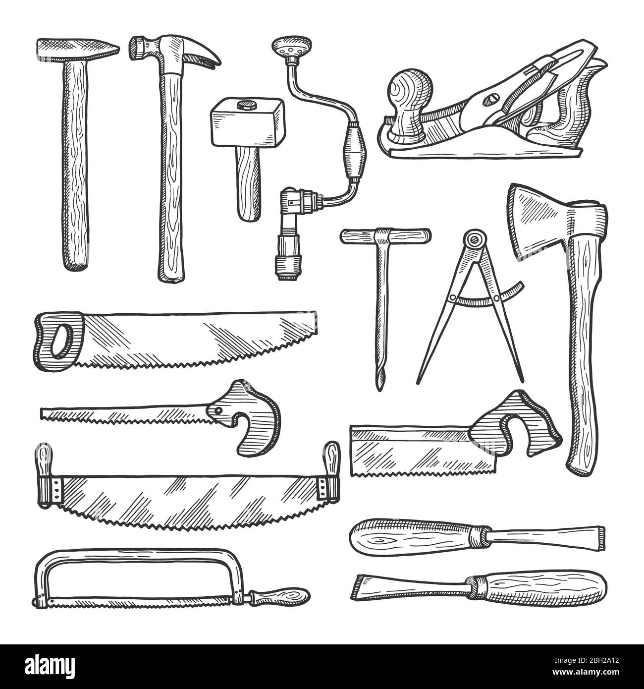 Attrezzi in officina di Falegnameria. Illustrazione vettoriale disegnata a  mano. Set di utensili per carpenteria, attrezzatura martello e sega  Immagine e Vettoriale - Alamy