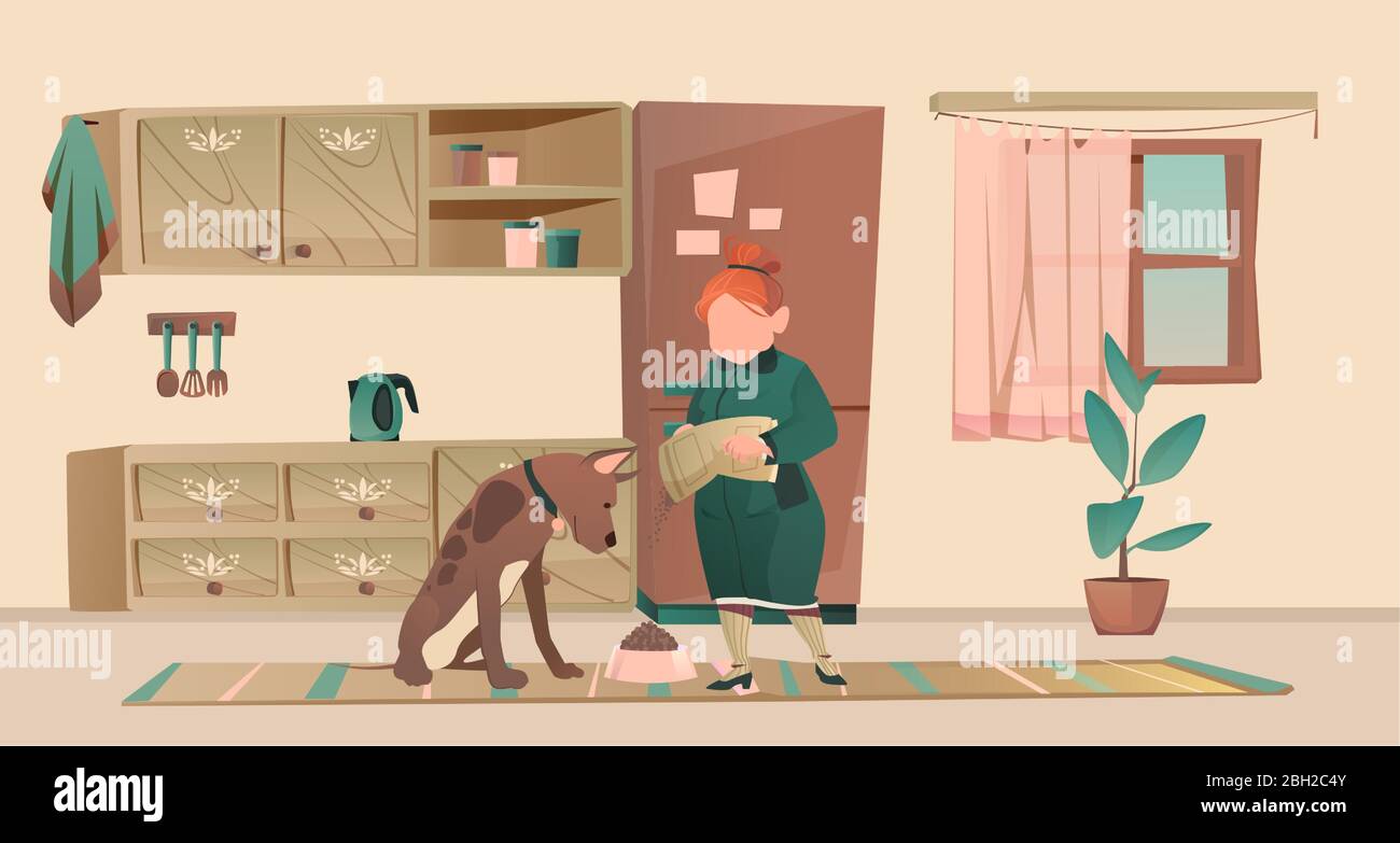 Vettore di un anziano proprietario di carattere donna che alimenta il suo cane grande nella cucina della sua casa Illustrazione Vettoriale