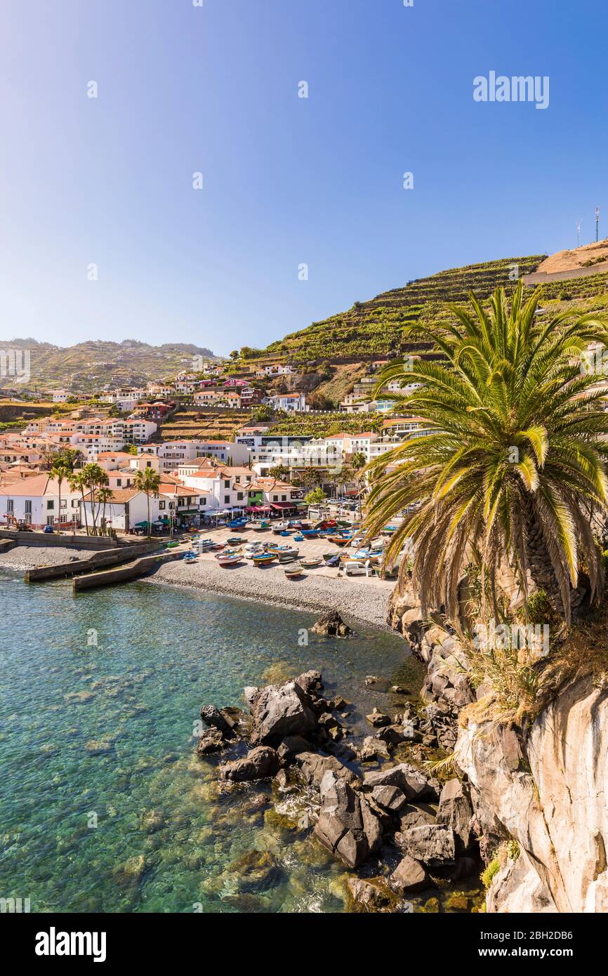 Portogallo, Madeira, Camara de Lobos, cielo chiaro sopra la città costiera in estate Foto Stock