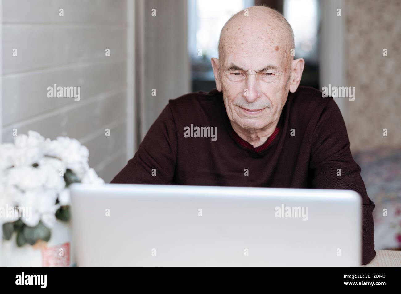 Ritratto di un vecchio uomo che guarda il laptop Foto Stock