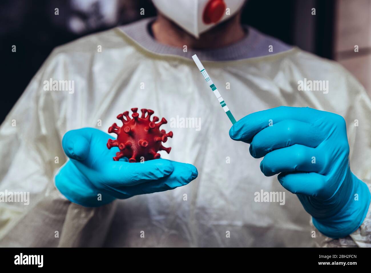 Modello di mantenimento di operatore sanitario di Corona Virus e un test di flusso laterale Foto Stock