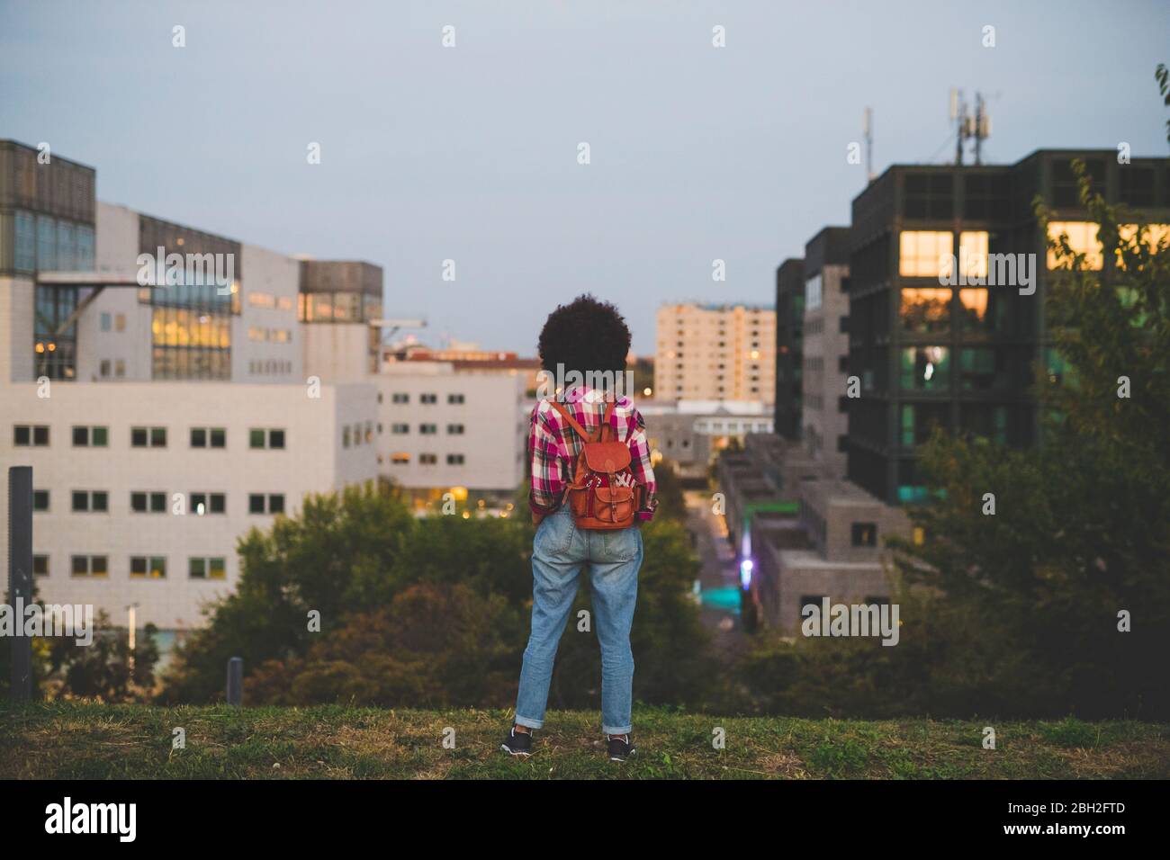 Vista posteriore di giovane donna con capelli afro che guarda il paesaggio urbano, Milano, Italia Foto Stock