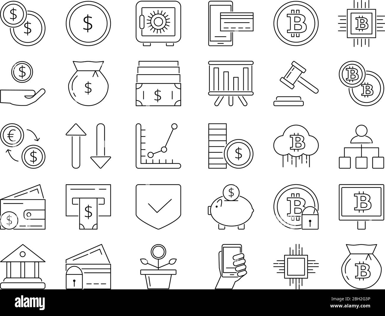 Icone lineari insieme di simboli economici e commerciali. Carte di credito, monete. Collezione di icone business bitcoin mining e criptovaluta. Illustrazione del vettore Illustrazione Vettoriale