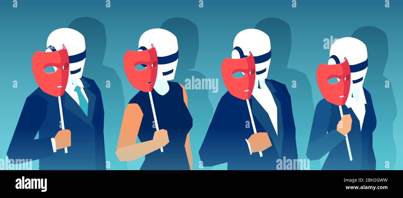 Vettore di robot umanoidi che sostituiscono le persone al lavoro che tengono maschere facciali umane Illustrazione Vettoriale