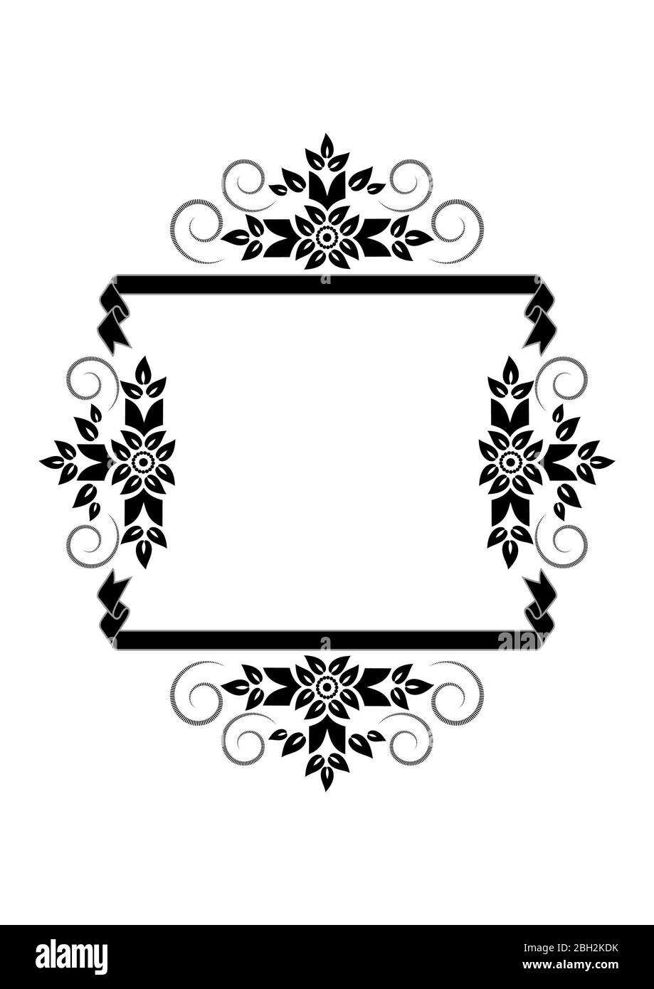 Telaio nero di nastri paralleli con bordi curvi e modelli di moto vorticoso di corse e fiori stilizzati e foglie su sfondo bianco Foto Stock