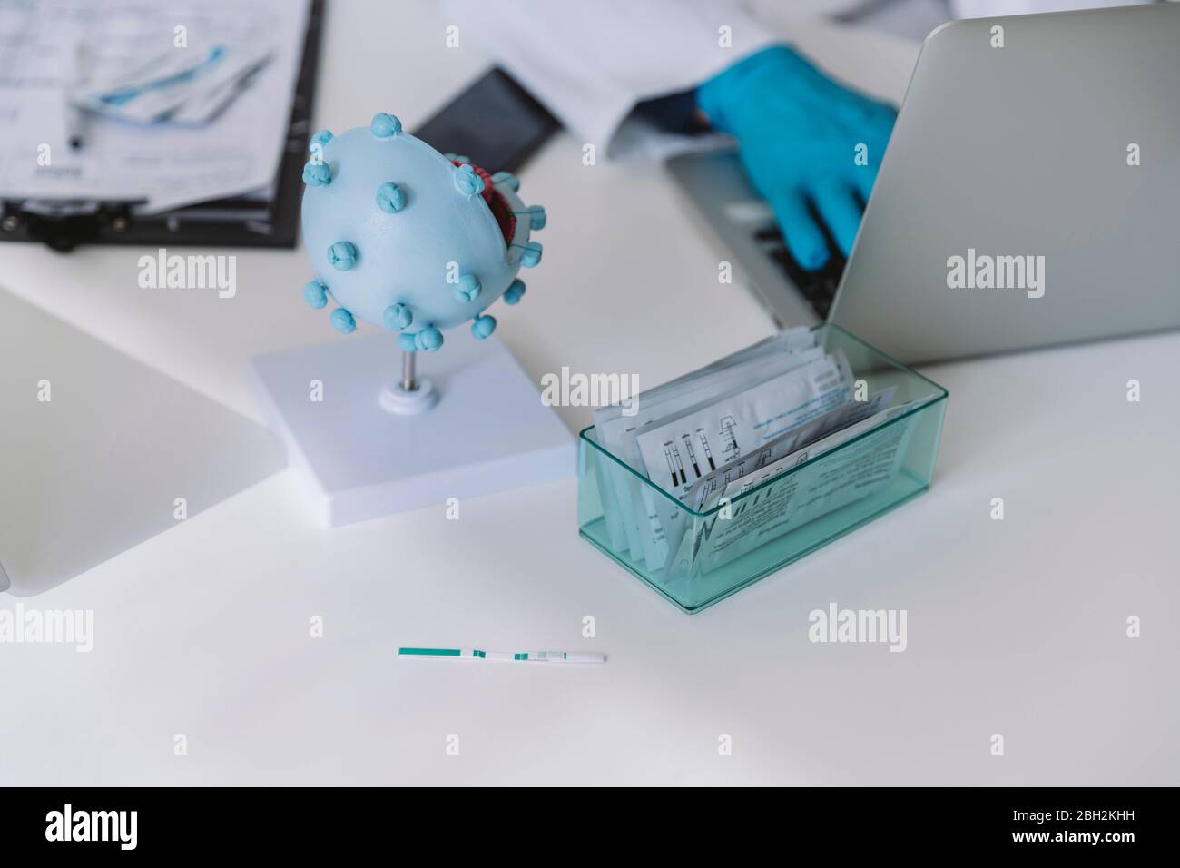 Primo piano di uno scienziato che utilizza un laptop accanto a dispositivi di test di flusso laterale e modello di virus corona Foto Stock