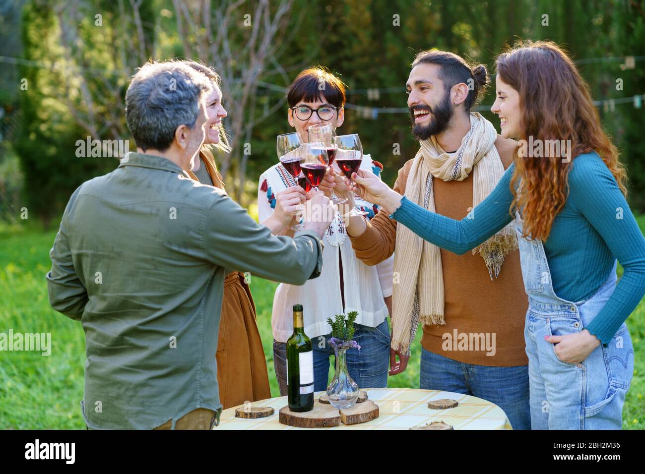 Gruppo di amici che brinda con vino rosso durante la loro fuga in campagna Foto Stock