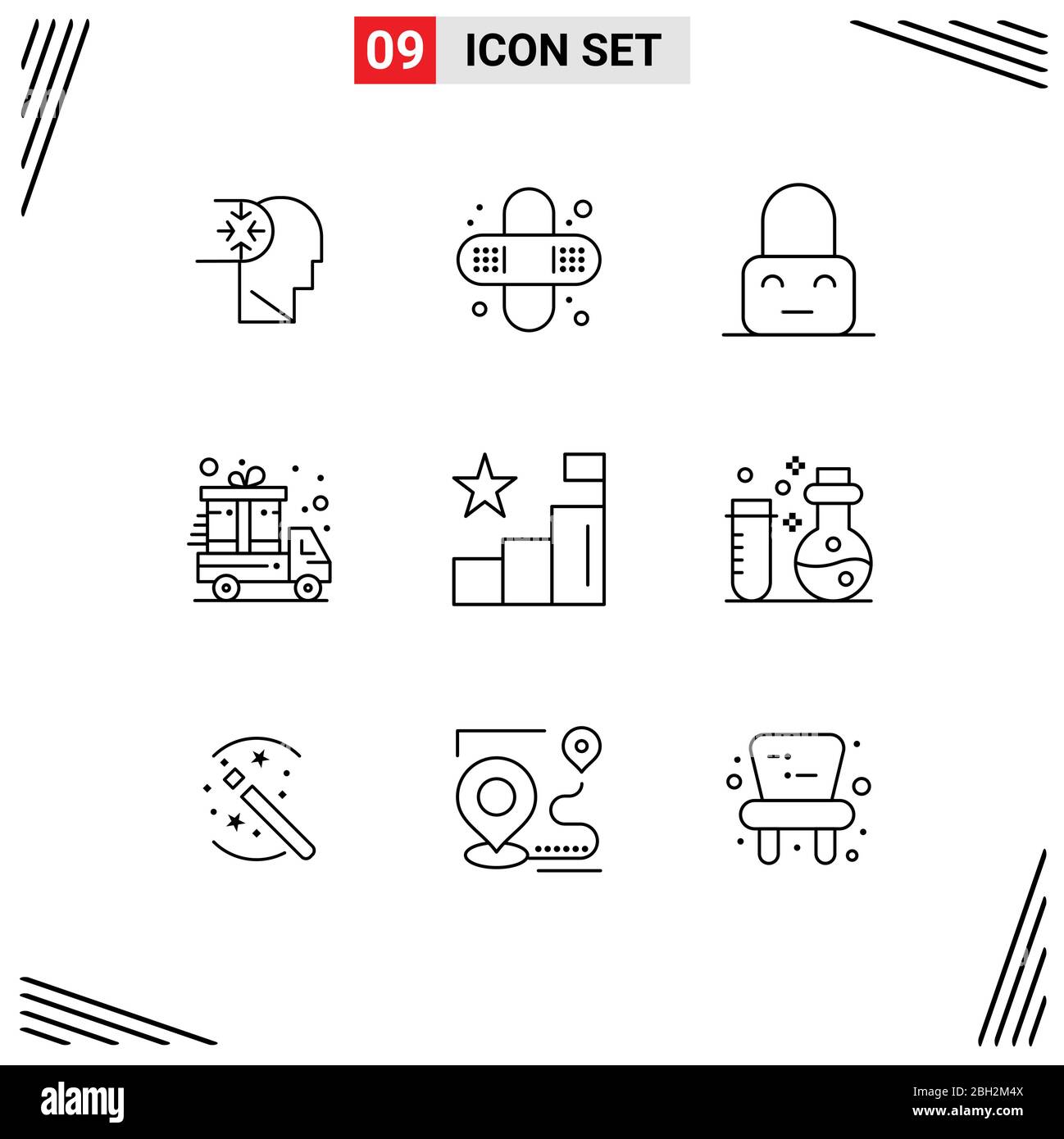 9 User Interface Outline Pack di segni moderni e simboli di posizioni, analisi, blocco, analisi, cyber monday Editable Vector Design Elements Illustrazione Vettoriale