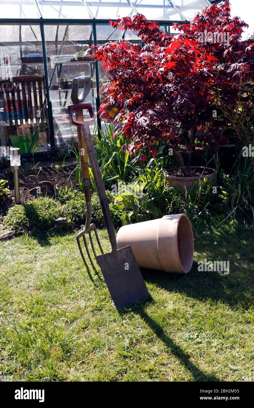 ATTREZZI DA GIARDINAGGIO CON PENTOLA IN TERRACOTTA Foto Stock