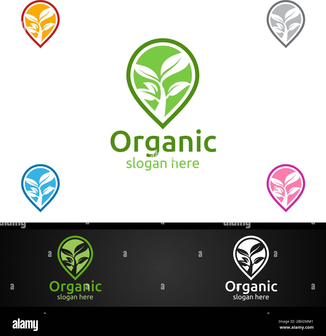 Localizzatore di pin modello di disegno naturale e organico del marchio per erbe, ecologia, salute, Yoga, cibo, o concetto di fattoria Illustrazione Vettoriale