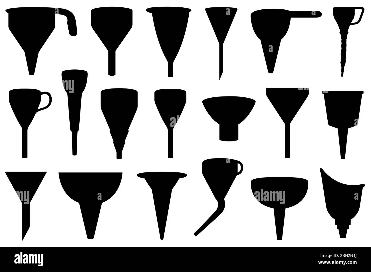 Set di imbuti differenti isolati su bianco Foto Stock