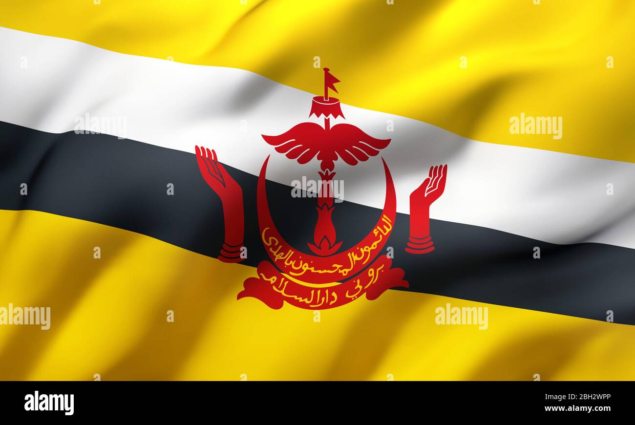 Bandiera del Brunei che soffia nel vento. Pagina intera bandiera di Bruneian. Illustrazione 3D. Foto Stock