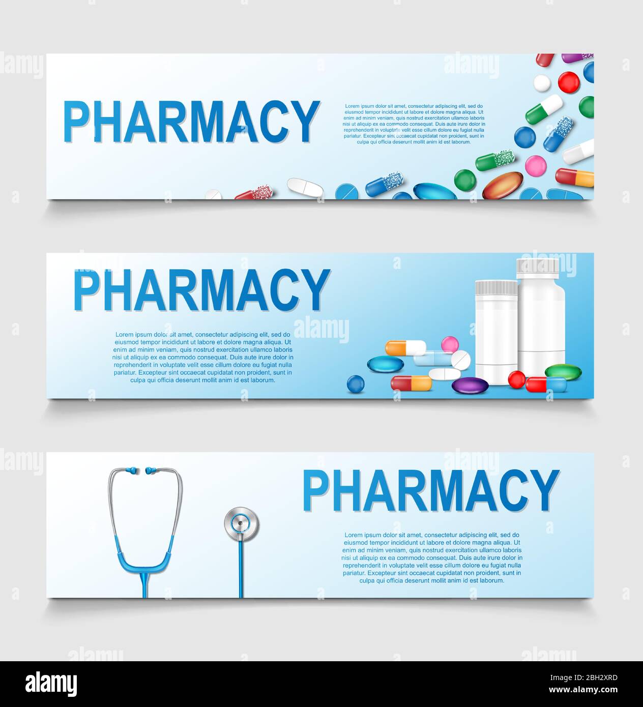 Design di poster per farmacia. Banner per la presentazione e la pubblicità  medica o sanitaria. Farmaci, pillole, capsule, antibiotici, vitamine.  Vettore Immagine e Vettoriale - Alamy