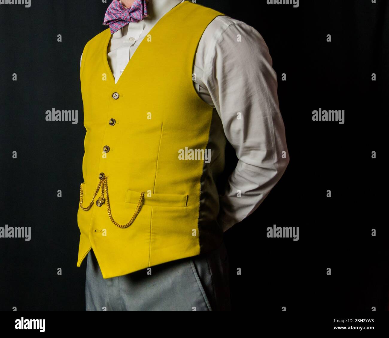 Ritratto di uomo in gilet giallo o gilet con le mani dietro la schiena.  Concetto di inglese classico ed eccentrico Gentleman. Moda retrò Foto stock  - Alamy