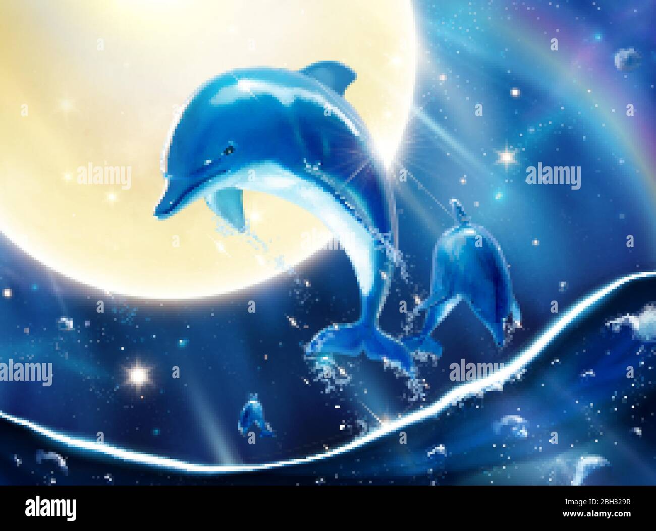 Adorabile breaching delfini tursiopi su un attraente cielo universo in 3d illustrazione murale marino Illustrazione Vettoriale