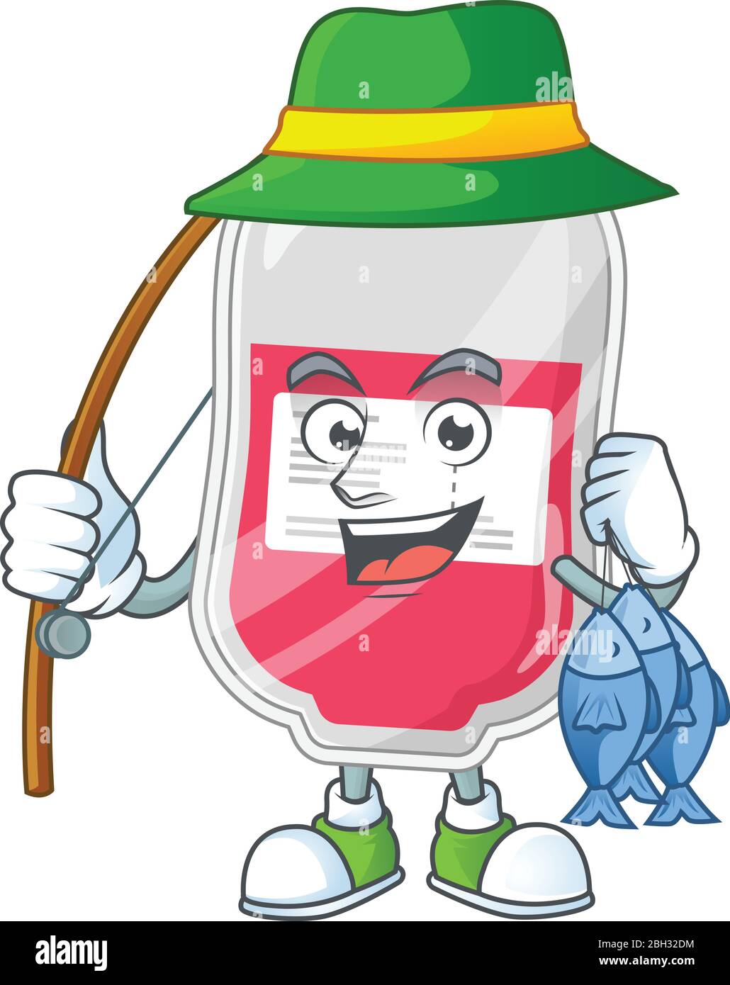 Un'immagine del sacchetto del disegno della mascotte del pescatore del sangue cattura un pesce Illustrazione Vettoriale