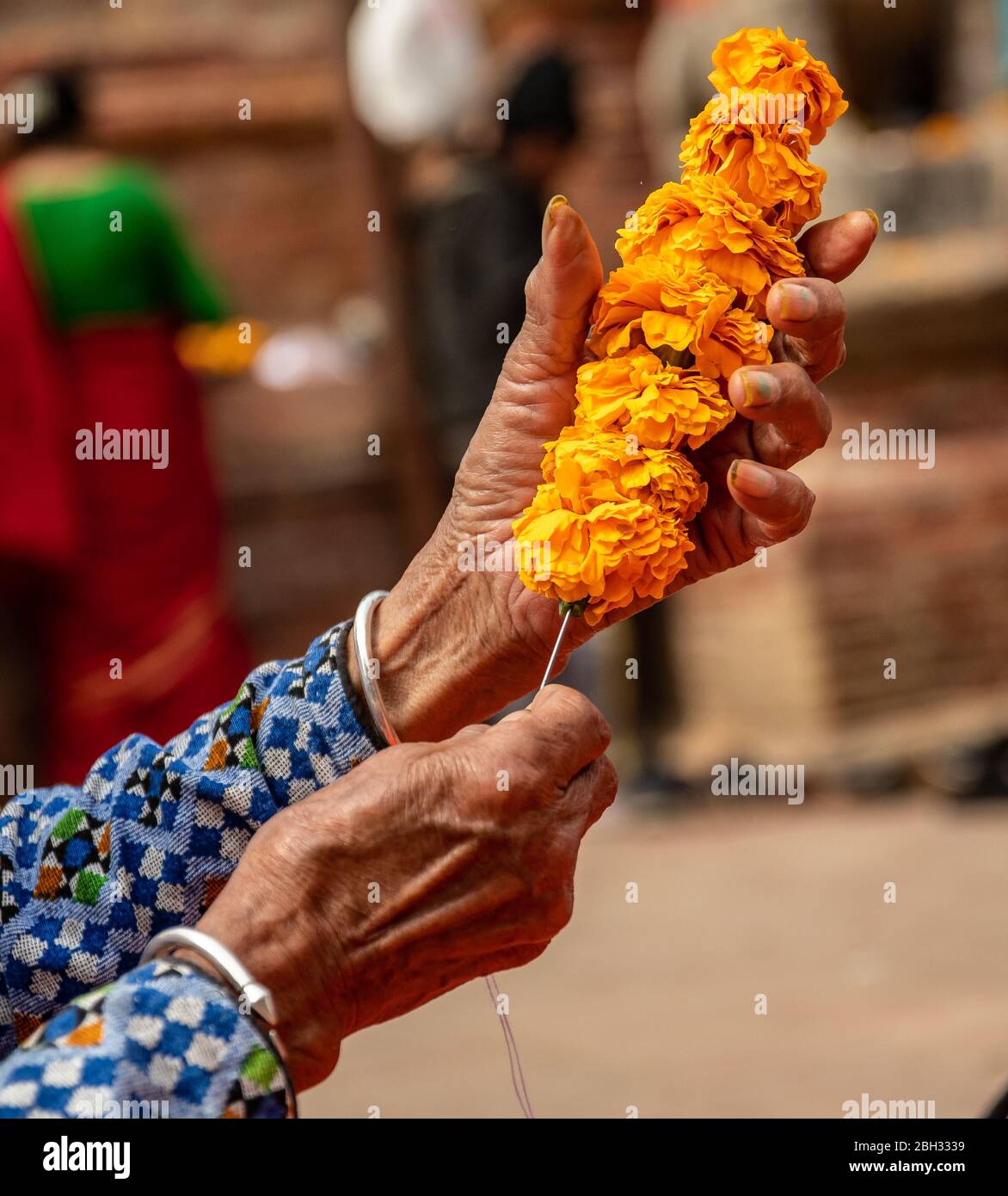 Mani esperte filo fiori per una corona votiva. Foto Stock